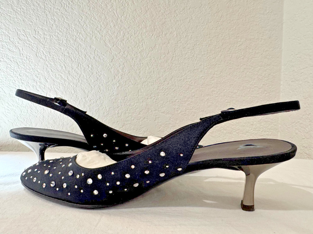 ST JOHN Italy Black Silver Crystal Slingback Heels Shoes Sz 9.5B Eva Chrome Heel